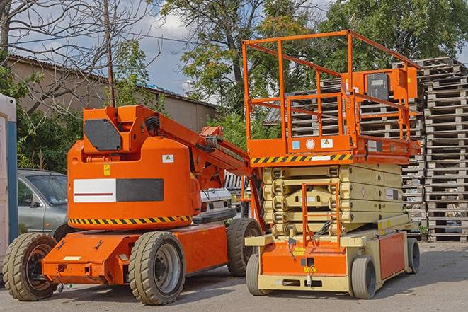 forklift maneuvering through a warehouse with stocked shelves in Cedarpines Park, CA